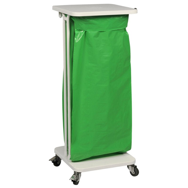 Stojak na kosze na śmieci Sækko Boy 60 firmy Abena Re-Seller GmbH to kompaktowe białe urządzenie z pokrywą i czterema kółkami, zaprojektowane z myślą o mobilności. Dostarczany jest w kartonie (1 opakowanie), idealny do efektywnego usuwania odpadów.