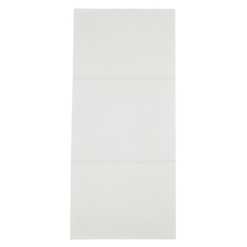 Nierozłożony prostokątny ręcznik jednorazowy, Airlaid, biały od Abena Re-Seller GmbH leży płasko na równej powierzchni z widocznymi zagięciami.