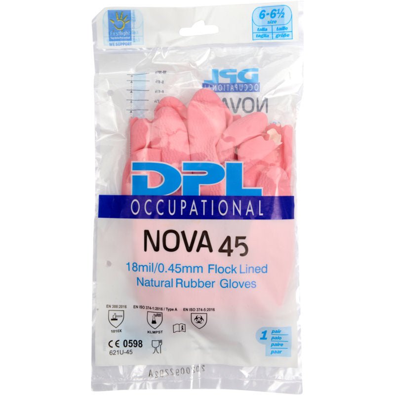 Przezroczyste plastikowe opakowanie zawiera różowe rękawice domowe lateksowe Abena Re-Seller GmbH, z symbolami certyfikacji i rozmiarem 6-6½.