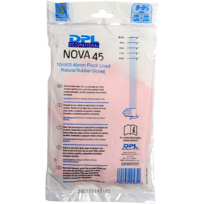 Przezroczyste plastikowe opakowanie zawiera rękawice domowe lateksowe Abena Re-Seller GmbH, różowe. Na opakowaniu podane są rozmiar, 18mil/0,45mm grubość, flokowana podszewka, instrukcje użytkowania i pielęgnacji. Różowe rękawice są widoczne wewnątrz.