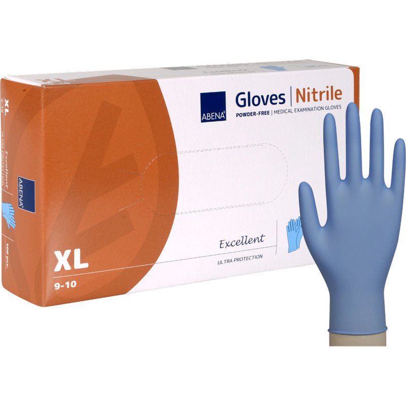 Pudełko rękawiczek nitrylowych Excellent, bezpudrowych, niebieskich od Abena Re-Seller GmbH w rozmiarze XL, z niebieską rękawiczką stojącą pionowo obok. Na opakowaniu widnieje napis "Excellent Ultra Protection".