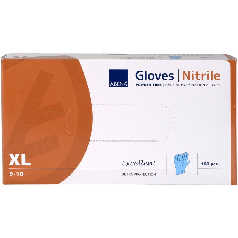 Pudełko rękawiczek nitrylowych Excellent od Abena Re-Seller GmbH w rozmiarze XL, bezpudrowych, niebieskich (100 sztuk). Głównie białe pudełko ma pomarańczowe akcenty i pokazuje obraz niebieskiej rękawiczki.