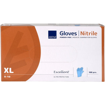 Pudełko rękawiczek nitrylowych Excellent od Abena Re-Seller GmbH w rozmiarze XL, bezpudrowych, niebieskich (100 sztuk). Głównie białe pudełko ma pomarańczowe akcenty i pokazuje obraz niebieskiej rękawiczki.