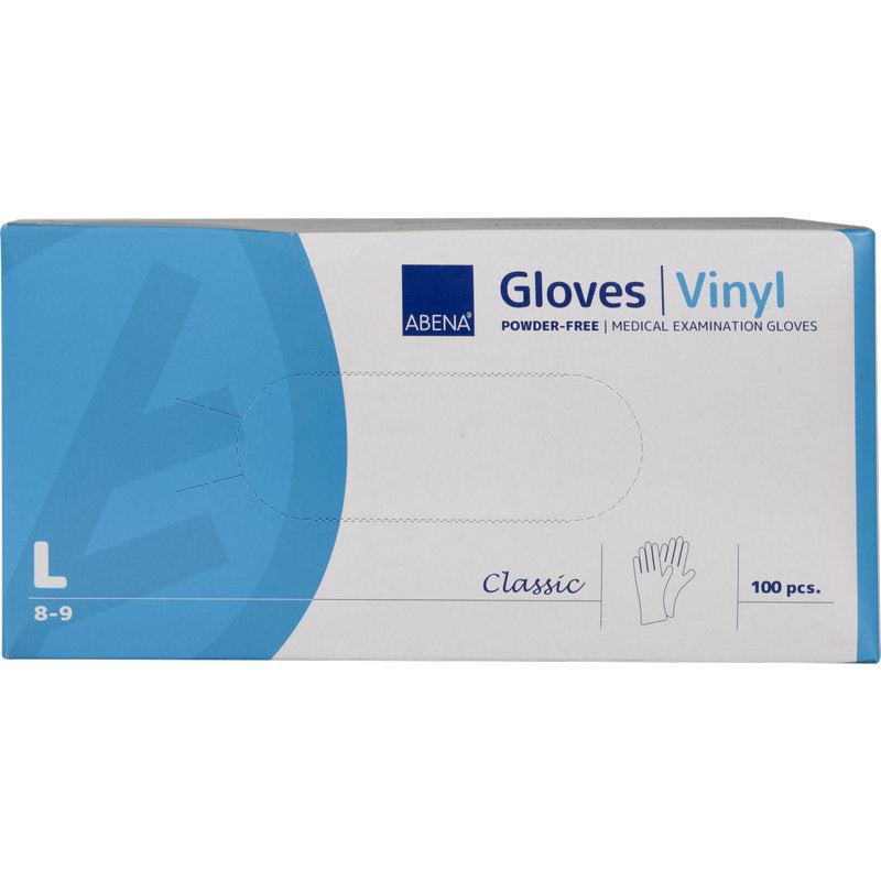 Eine rechteckige Box Abena Re-Seller GmbH Vinyl-Handschuhe Classic, puderfrei, transparent, Größe Large (8-9), mit blau-weißer Verpackung und Handschuh-Abbildung enthält 100 Einweghandschuhe für medizinische Untersuchungen.