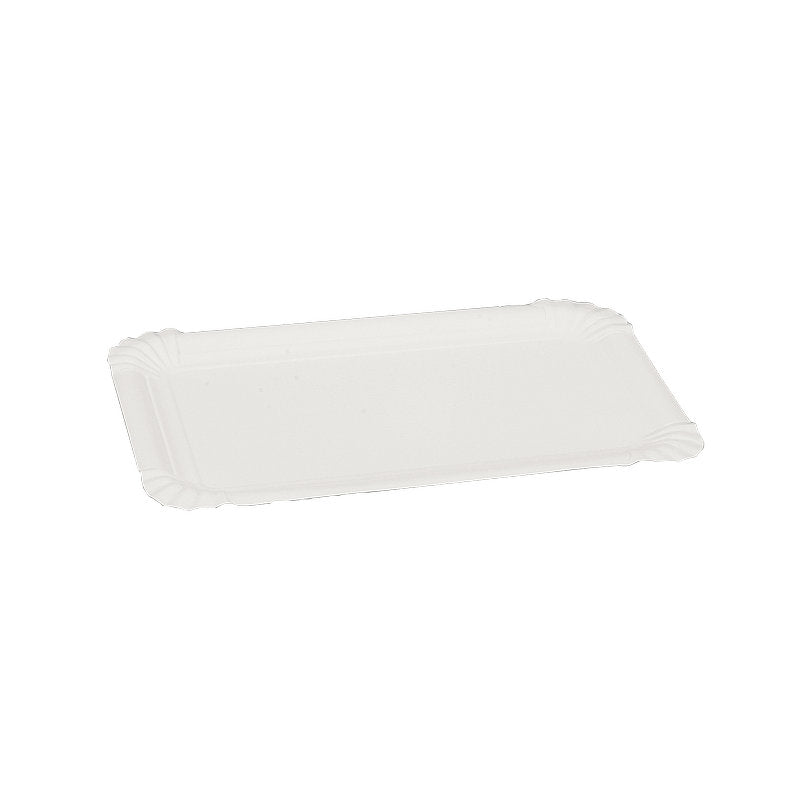 Prostokątny, przyjazny dla środowiska talerz kartonowy firmy Abena Re-Seller GmbH (13 x 20 cm) w kolorze białym z falistymi krawędziami, sprzedawany w opakowaniu zawierającym 250 sztuk i sfotografowany na jednolitym białym tle.