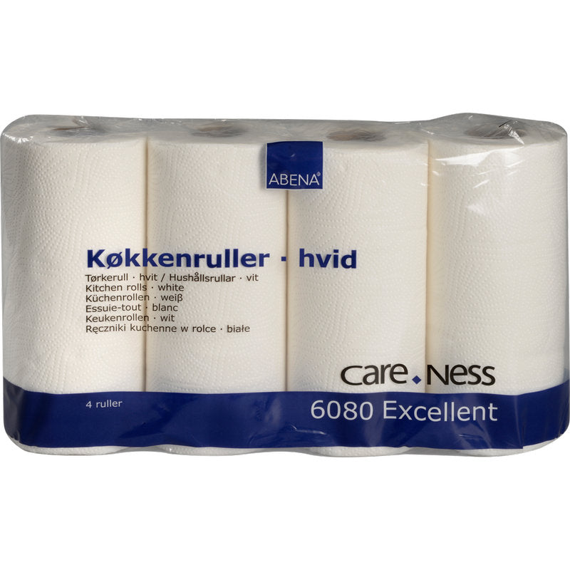 Opakowanie z 4 białymi ręcznikami kuchennymi, 2-warstwowymi (22,5 cm x 17,85 m) od Abena Re-Seller GmbH, zapakowane w przezroczysty plastik z tekstem w wielu językach - idealne do każdego użytku kuchennego.