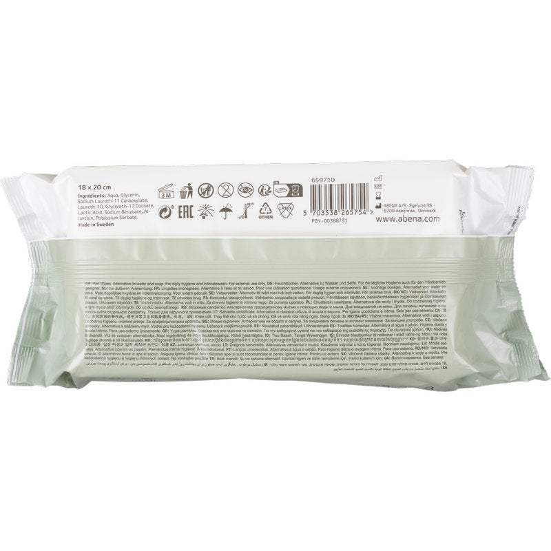 Eine Packung der Abena Re-Seller GmbH Auslaufartikel: Abena Feuchtpflegetücher (Softbox mit Kunststoffdeckel, 80 Tücher) mit Text, Barcode und Symbolen auf der Rückseite - perfekt für die sanfte Reinigung und Hygiene unterwegs.