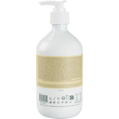 Biała plastikowa butelka z pompką z beżową etykietą z tyłu z informacjami o produkcie, składnikach i symbolach recyklingu dla kremu do rąk Abena Re-Seller GmbH, 21% zawartości tłuszczu, lekko perfumowany.