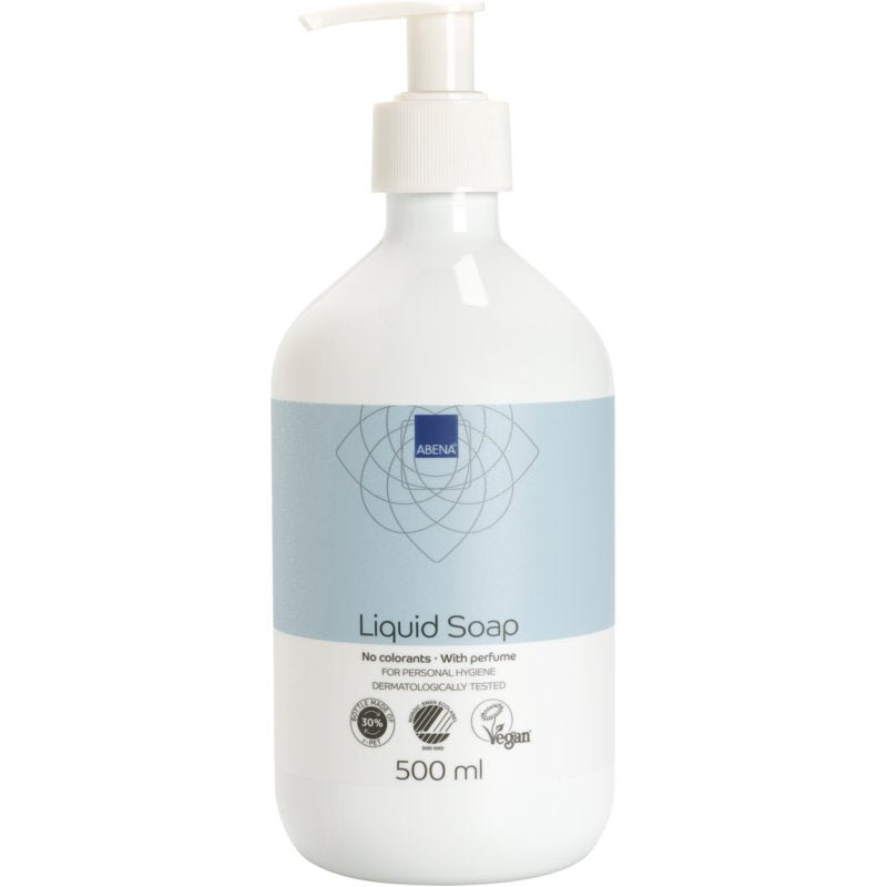 Biała butelka z pompką i niebieską etykietą od Abena Re-Seller GmbH Płynne mydło do rąk, lekko perfumowane. Mydło wegańskie 500 ml jest dermatologicznie testowane i wolne od barwników.