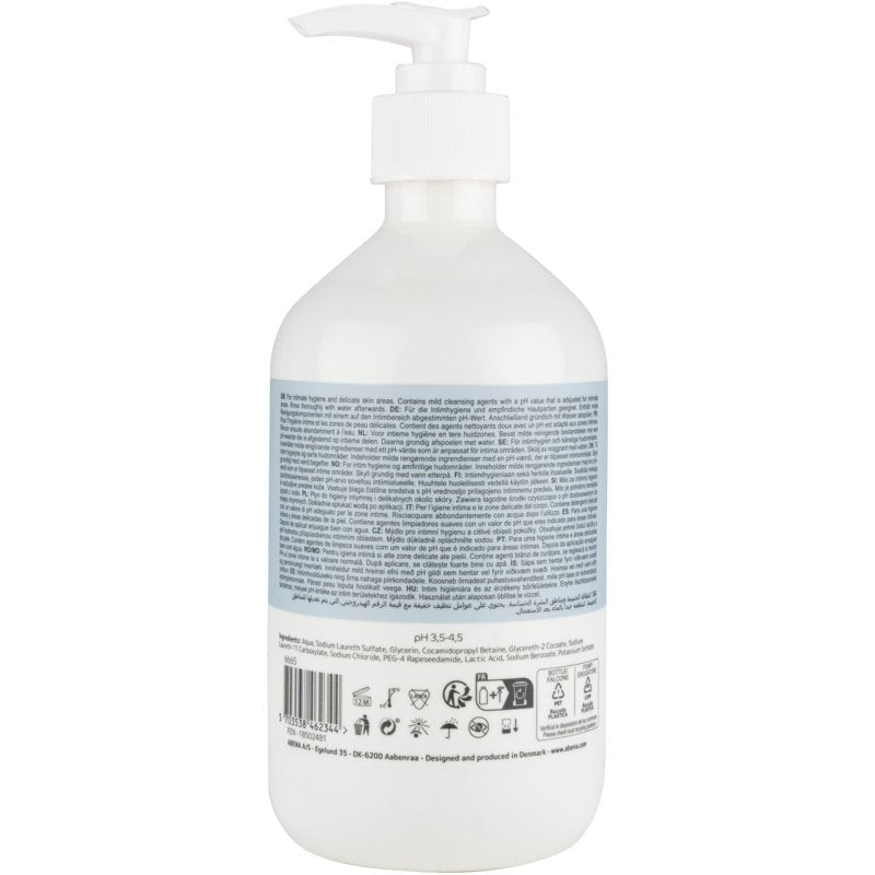 Abena Re-Seller GmbH mydło do higieny intymnej (500 ml, karton z 6 opakowaniami) jest dostarczane w białej plastikowej butelce z pompką z niebieską etykietą i kodem kreskowym - idealne do delikatnego mycia i pielęgnacji intymnej.