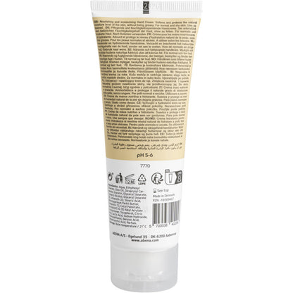 Tuba kremu do rąk Abena Re-Seller GmbH (21% zawartości tłuszczu, lekko perfumowany) jest pokazana od tyłu, z informacjami o produkcie, instrukcjami i składnikami w kilku językach oraz symbolami użycia i recyklingu na dole.