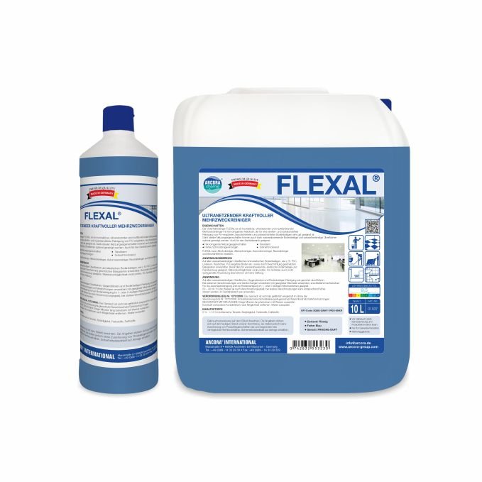 Dwa pojemniki Arcora FLEXAL MOCNY UNIWERSALNY ŚRODEK CZYSZCZĄCY od Arcora International GmbH - butelka 1-litrowa i kanister 10-litrowy - są wypełnione niebieskim płynem. Ten mocny środek czyszczący usuwa bez trudu nawet uporczywe zabrudzenia.