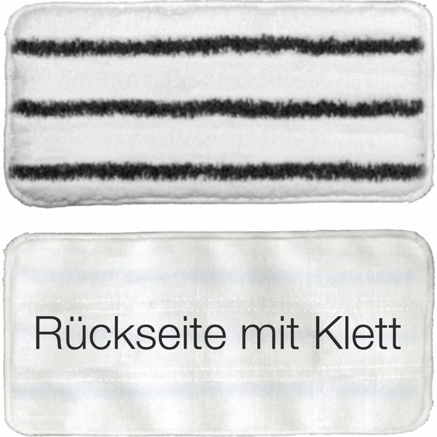 Przedstawiono dwa prostokątne pady czyszczące: górny to wycofywany z produkcji produkt Arcora Handpad twardy 27x13 cm z nanostrukturalną powierzchnią i trzema czarnymi paskami do profesjonalnego użytku, a dolny to prosty biały pad z napisem "Tył z rzepem". Marka: Arcora International GmbH.