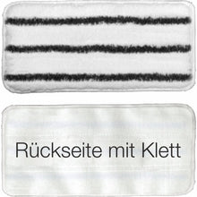 Przedstawiono dwa prostokątne pady czyszczące: górny to wycofywany z produkcji produkt Arcora Handpad twardy 27x13 cm z nanostrukturalną powierzchnią i trzema czarnymi paskami do profesjonalnego użytku, a dolny to prosty biały pad z napisem "Tył z rzepem". Marka: Arcora International GmbH.