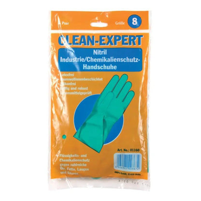 Opakowanie rękawic chemicznych z nitrylu „Clean-Expert” firmy AMPri Handelsgesellschaft mbH, rozmiar 8. Pomarańczowo-przezroczyste opakowanie pokazuje obraz zielonych rękawic wewnątrz. Te rękawice przemysłowe są bez lateksu, flokowane i testowane pod kątem szczelności, co czyni je idealnymi rękawicami ochronnymi przed chemikaliami.