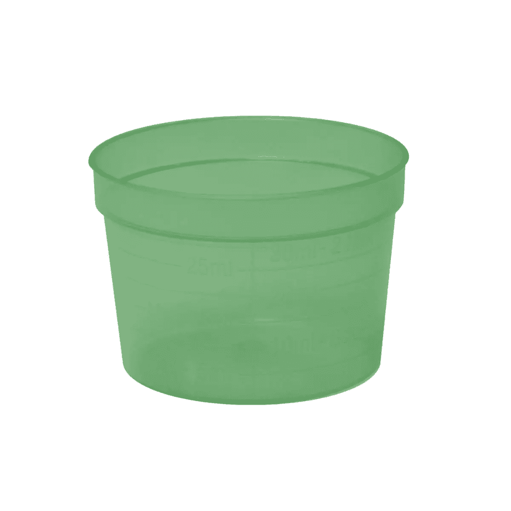 Kubek medyczny AMPri PP, dostępny w pojemności 30 ml z bocznymi oznaczeniami objętości i w różnych kolorach, wykonany jest z trwałego polipropylenu. Ten przezroczysty, zielony kubek z tworzywa sztucznego firmy AMPri Handelsgesellschaft mbH nie posiada uchwytu.