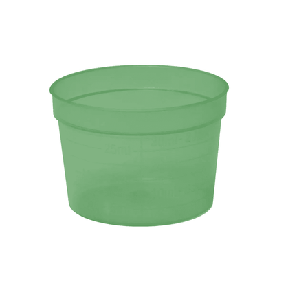 Kubek medyczny AMPri PP, dostępny w pojemności 30 ml z bocznymi oznaczeniami objętości i w różnych kolorach, wykonany jest z trwałego polipropylenu. Ten przezroczysty, zielony kubek z tworzywa sztucznego firmy AMPri Handelsgesellschaft mbH nie posiada uchwytu.