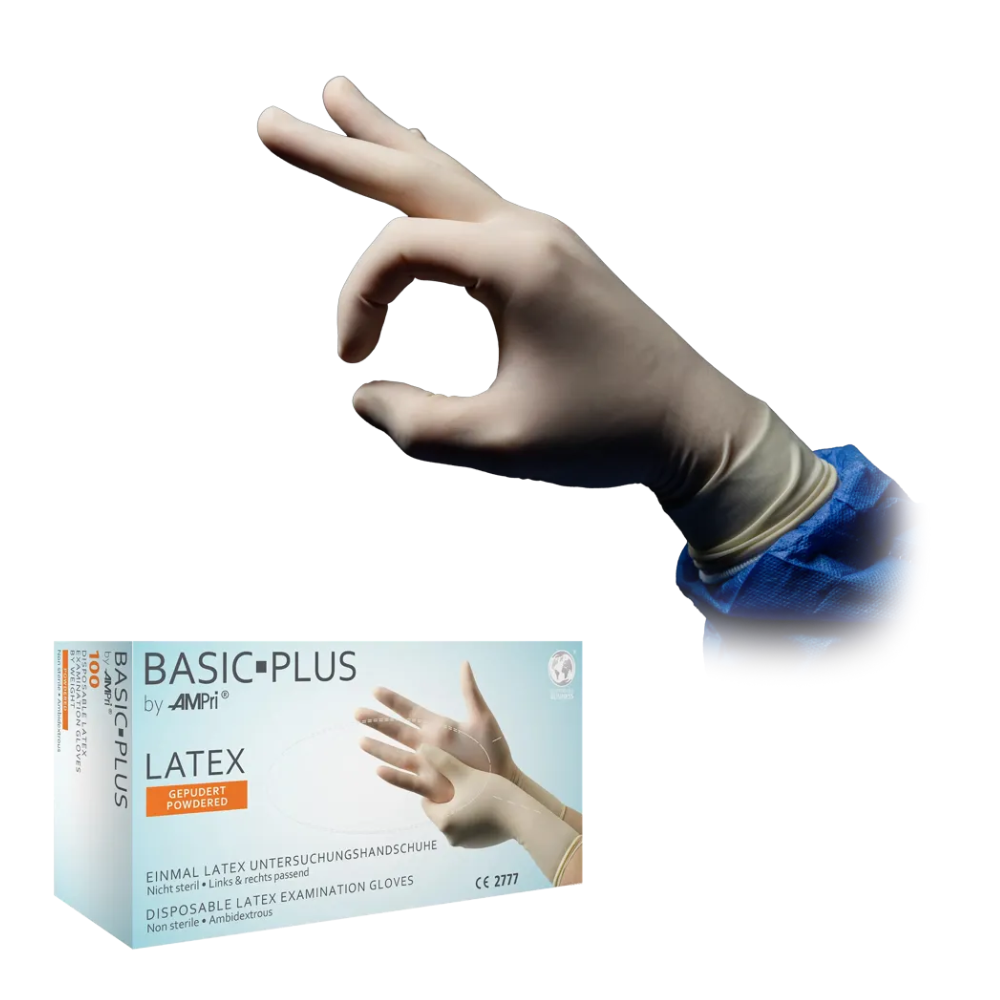 Ręka w rękawiczce lateksowej wykonuje gest „OK”. Pod nią znajduje się pudełko z napisem „AMPri BASIC-PLUS rękawiczki lateksowe pudrowane, białe | Pudełko (100 sztuk)” firmy AMPri Handelsgesellschaft mbH, które zawiera jednorazowe rękawiczki do badań wykonane z lateksu. Pudełko pokazuje obraz rąk w rękawiczkach i tekst w kilku językach podkreślający ochronę chemiczną.