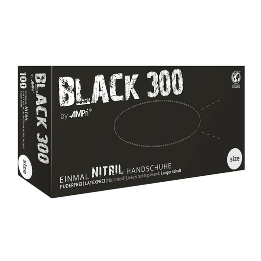 AMPRI Black 300 Nitrile Rękawice o nadmiaru długości, czarne | Pudełko (100 sztuk)