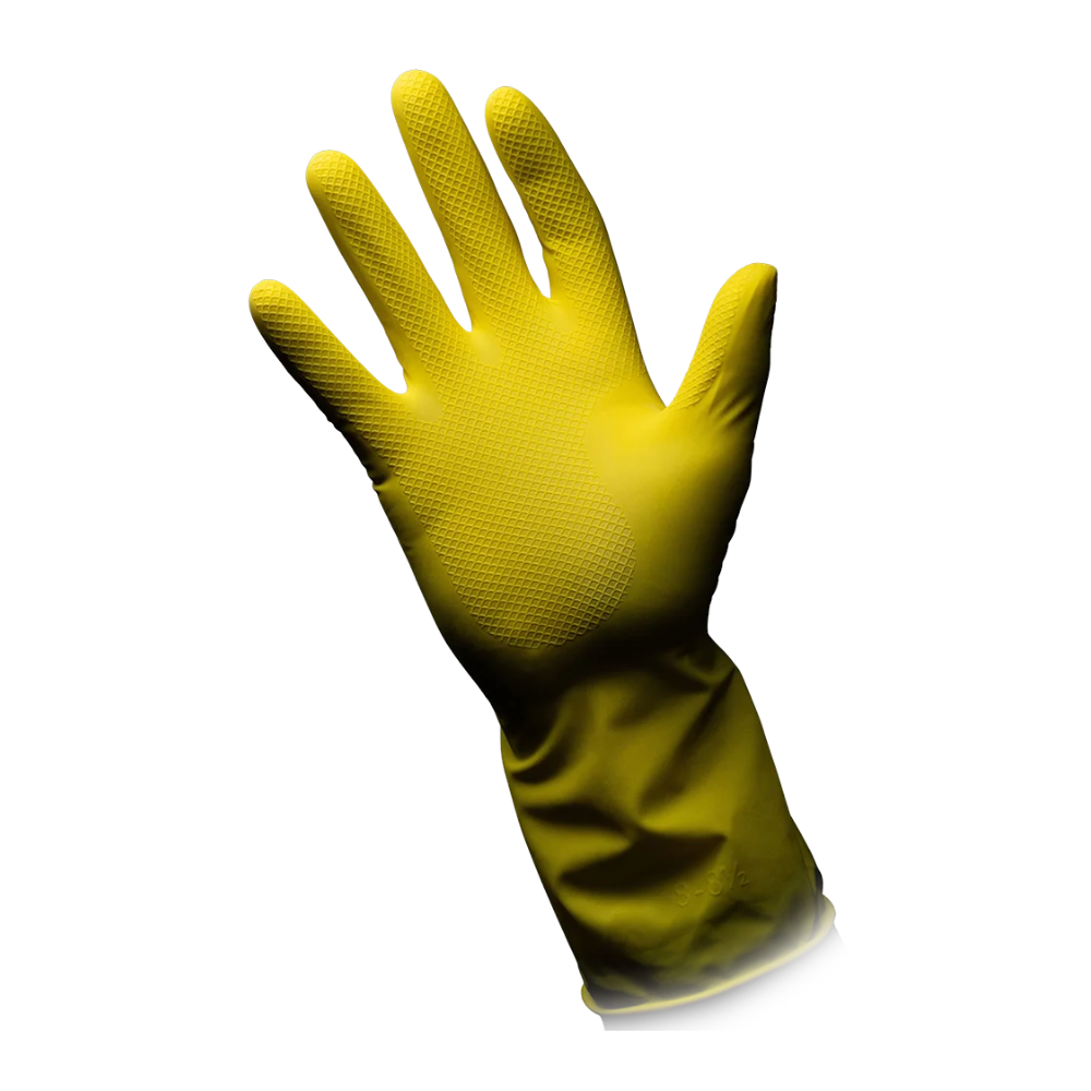 Żółta lateksowa rękawica gospodarstwa domowego AMPri CLEAN-COMFORT jest skierowana dłonią do przodu. Rękawica AMPri Handelsgesellschaft mbH posiada teksturowaną powierzchnię chwytu na dłoni i palcach i sięga nieco poza nadgarstek. Białe tło podkreśla jej użyteczność do różnych zadań.