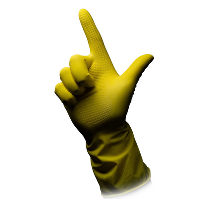 Żółta bezpudrowa lateksowa rękawica gospodarstwa domowego AMPri CLEAN-COMFORT od AMPri Handelsgesellschaft mbH jest przedstawiona na prostym białym tle. Rękawica ma kształt litery „L”, z wyciągniętym do góry palcem wskazującym i poziomo rozłożonym kciukiem. Posiada teksturowany chwyt na dłoni i palcach, co podkreśla jej bezpudrowe właściwości do wszechstronnego zastosowania.