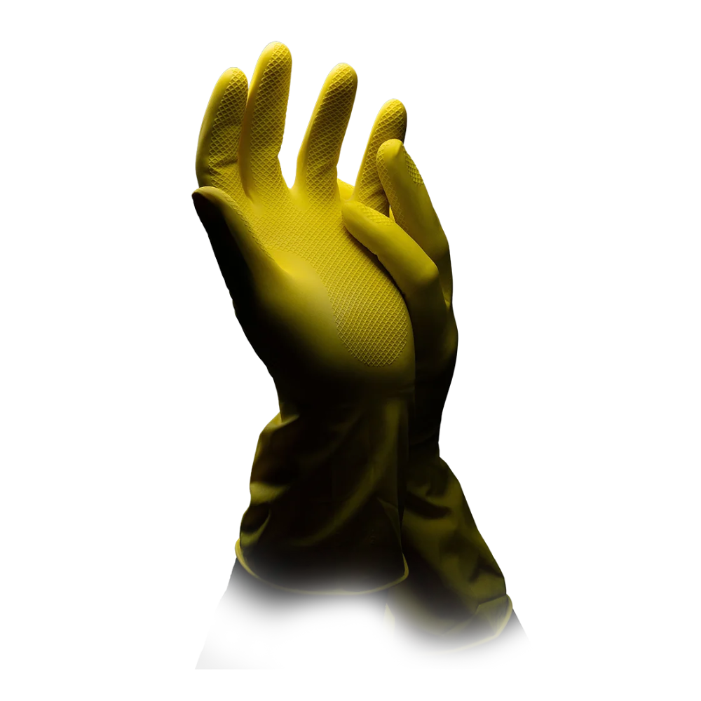 Na białym tle przedstawiono parę bezlateksowych rękawic gospodarstwa domowego AMPri CLEAN-COMFORT wyprodukowanych przez AMPri Handelsgesellschaft mbH. Jeden żółty rękaw jest przedstawiony z otwartą dłonią, podczas gdy drugi rękaw lekko go zakrywa. Rękawice ochronne wielokrotnego użytku mają teksturowane powierzchnie na dłoniach i palcach, aby poprawić chwyt.