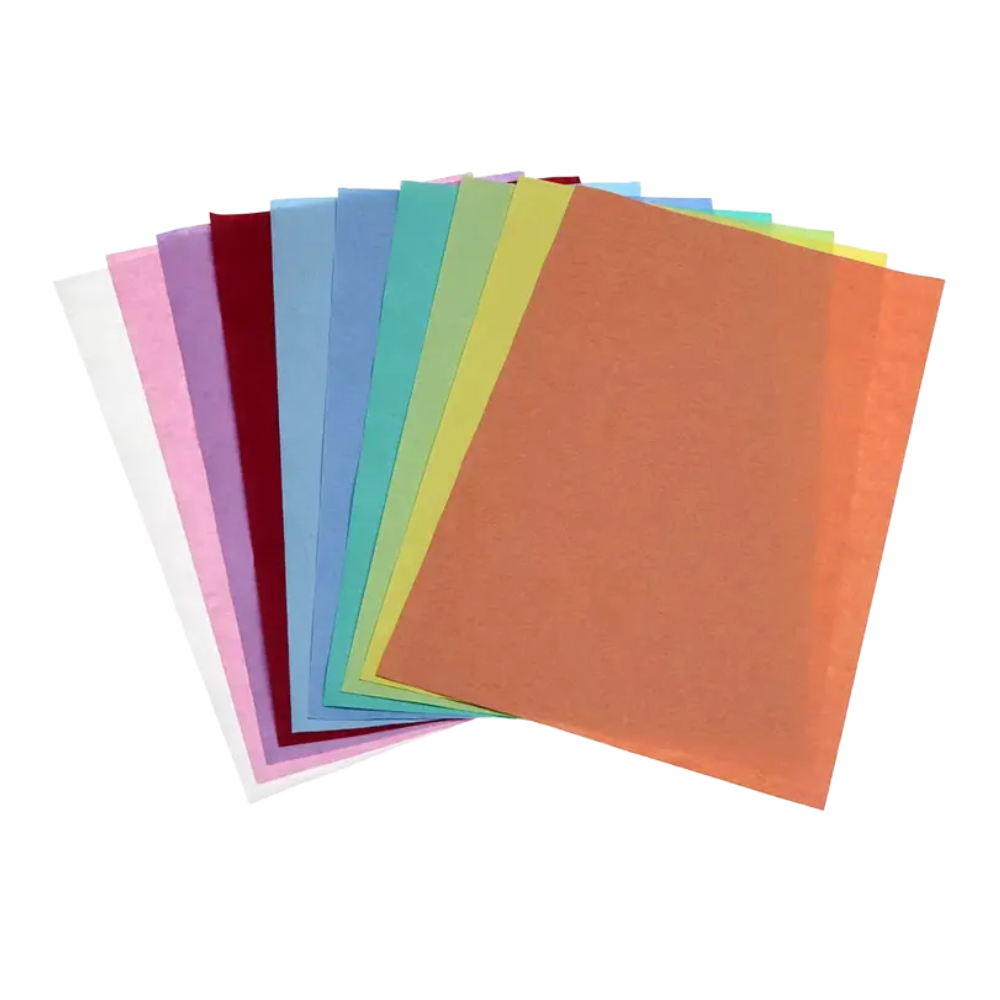 Wachlarzowa prezentacja papieru filtracyjnego AMPri Dental Kreppauflage Tray od AMPri Handelsgesellschaft mbH przedstawia arkusze w żywych odcieniach pomarańczowym, żółtym, zielonym, niebieskim, fioletowym, czerwonym, różowym i białym na czystym tle.