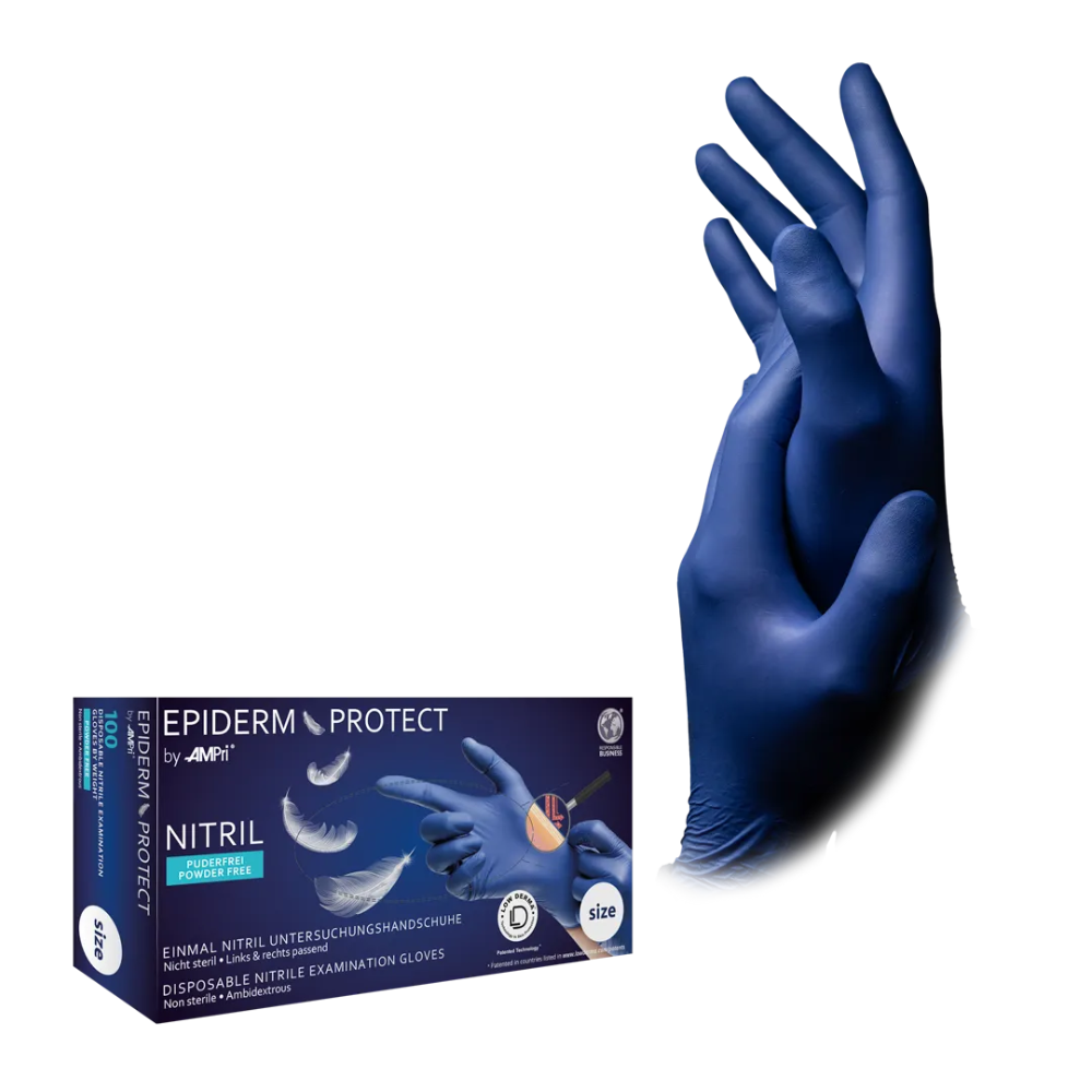 Pudełko rękawiczek nitrylowych AMPri Epiderm Protect od MED-COMFORT bez pudru, w kolorze metalicznego niebieskiego (100 sztuk) od AMPri Handelsgesellschaft mbH jest wystawione obok pary rąk w metalicznie niebieskich rękawiczkach. Na pudełku z napisem „bez pudru” widnieje ręka wskazująca w prawo.