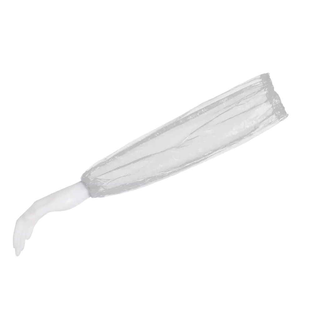 Ramię manekina w kolorze białym prezentuje rękaw ochronny AMPri MED-COMFORT PE o wymiarach 40 x 20 cm, wykonany z przezroczystego polietylenu, idealny dla przemysłu spożywczego. Rękaw sięga od nadgarstka aż za łokieć na prostym białym tle. Ten produkt pochodzi od AMPri Handelsgesellschaft mbH.