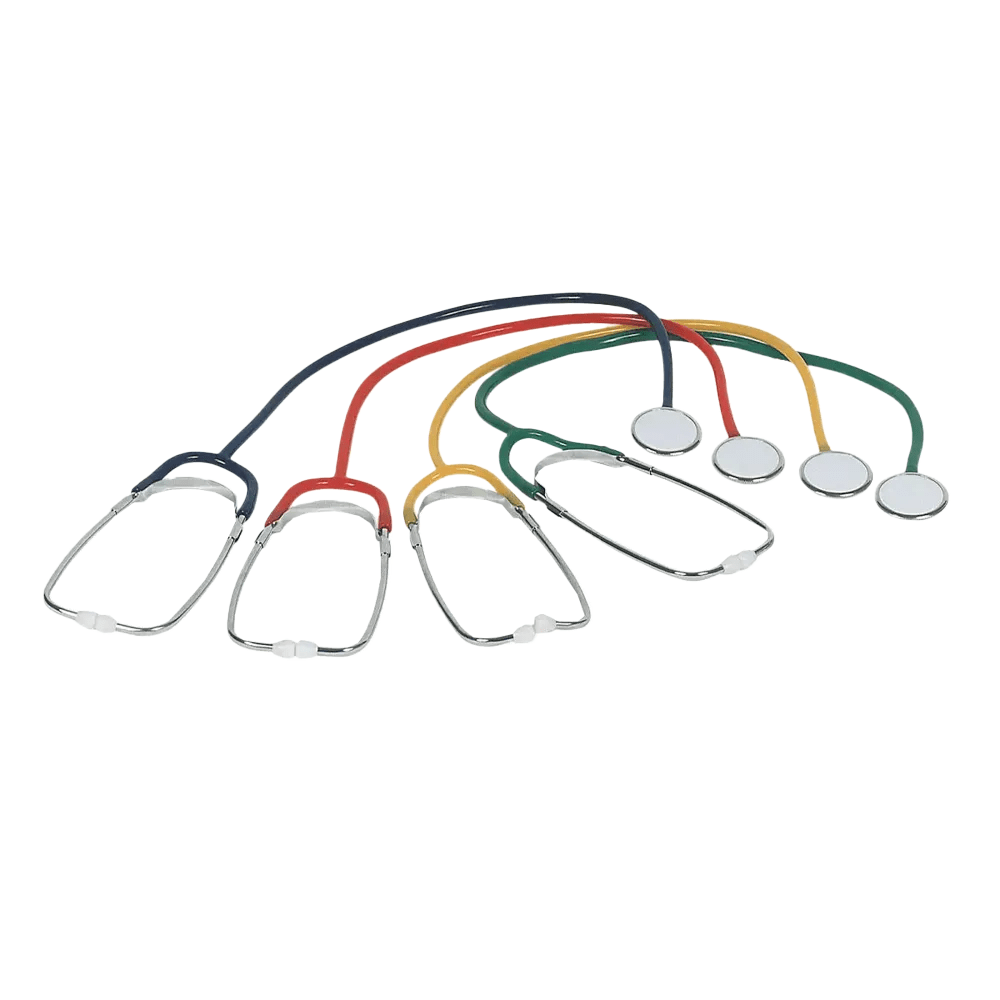 Cztery płaskie stetoskopy AMPri MED-COMFORT PVC, dostępne w kolorach granatowym, czerwonym, żółtym i zielonym od AMPri Handelsgesellschaft mbH, są przejrzyście ułożone obok siebie. Główki stetoskopów są idealnie wyrównane w jednej linii, podczas gdy węże tworzą eleganckie łuki powyżej. Są idealne do użytku w szpitalach.