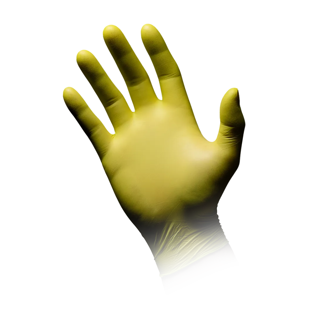 Eine mit grünem Nitril AMPri STYLE CEDRO Nitrilhandschuhe puderfrei von MED-COMFORT bekleidete Hand ist vor einem weißen Hintergrund abgebildet, wobei die Handfläche dem Betrachter zugewandt ist und die Finger gespreizt sind. Der Handschuh scheint aus Nitrilmaterial zu bestehen.