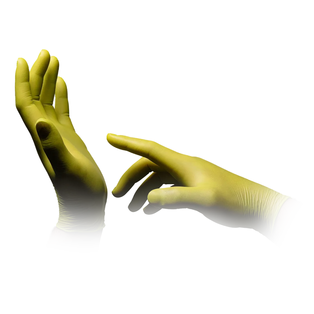 Ein Bild zeigt zwei Hände, die hellgrüne AMPri STYLE CEDRO Nitrilhandschuhe puderfrei von MED-COMFORT der AMPri Handelsgesellschaft mbH tragen. Die linke Hand ist geöffnet und zeigt mit den Fingern nach oben, während die rechte Hand, ebenfalls mit Einmalhandschuhen, mit einem nach links ausgestreckten Finger nach außen greift. Der Hintergrund ist weiß.