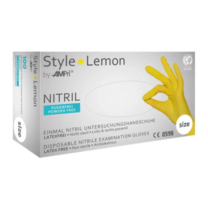 Białe pudełko z napisem „AMPri STYLE LEMON rękawice nitrylowe bezpudrowe od MED-COMFORT“ firmy AMPri Handelsgesellschaft mbH przedstawia żółtą rękę w rękawiczce, która tworzy znak „OK“. Pudełko zawiera „Jednorazowe rękawice nitrylowe – bez lateksu • niesterylne • do noszenia na obu rękach“. Liczba „100“ wskazuje ilość, która się w nim znajduje, i są one bezpudrowe.