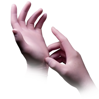 Osoba nosząca rękawice nitrylowe AMPri STYLE STRAWBERRY bez pudru od MED-COMFORT w kolorze różowym od AMPri Handelsgesellschaft mbH używa prawej ręki, aby poprawić rękawicę na lewej ręce. Jasnoróżowe rękawice mają gładką teksturę na czystym, białym tle.