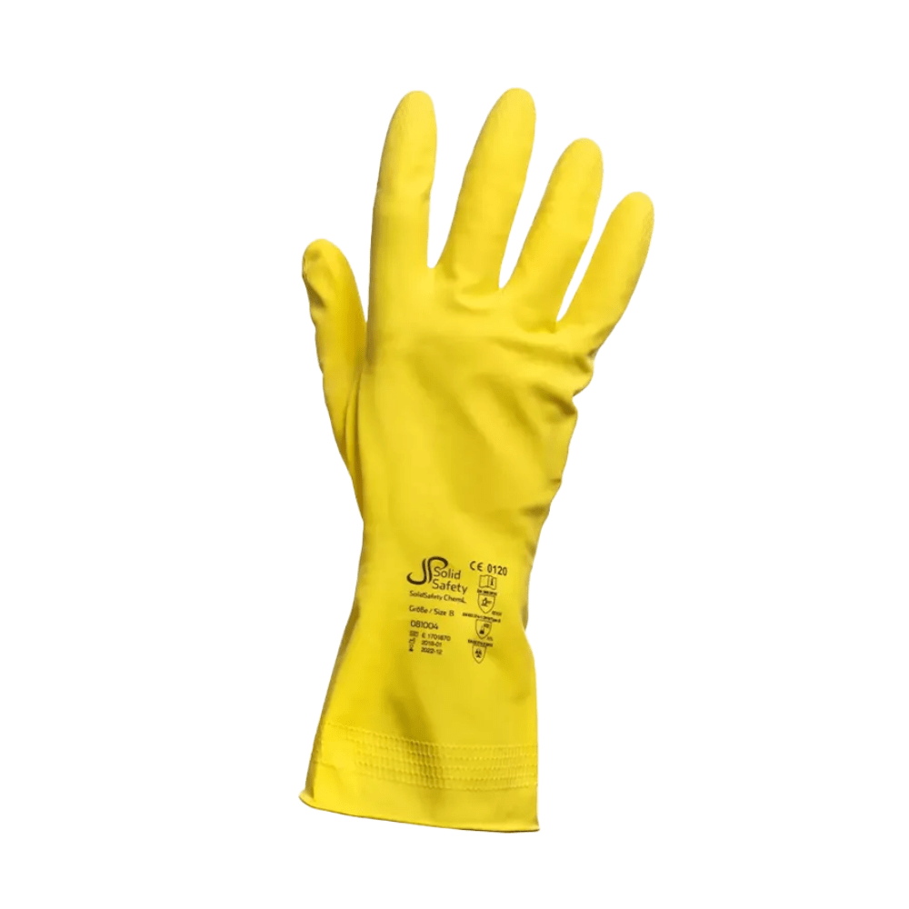 Rękawice ochronne AMPri SolidSafety ChemL, zaprojektowane dla przemysłu spożywczego i dostępne w rozmiarach od S do L, to żółte rękawice gumowe firmy AMPri Handelsgesellschaft mbH. Są one wyposażone w widoczne napisy i symbole na mankiecie i prezentowane na białym tle z otwartą dłonią i wyciągniętymi palcami.
