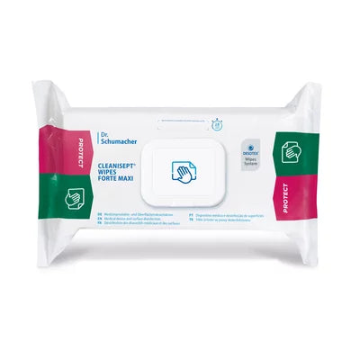 Opakowanie Dr. Schumacher Cleanisept® Wipes Forte Max (100 chusteczek) firmy Dr. Schumacher GmbH z możliwością ponownego zamknięcia pokrywką i zielono-różowymi akcentami oferuje wirusobójczą, bezalkoholową dezynfekcję w białym opakowaniu z informacjami o marce i produkcie.
