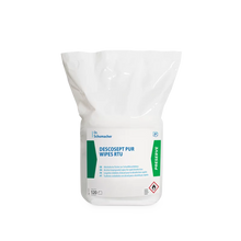 Białe opakowanie z tworzywa sztucznego chusteczek dezynfekujących Dr. Schumacher Descosept Pur Wipes RTU (120 sztuk) firmy Dr. Schumacher GmbH ma niebieskie i zielone akcenty oraz wskazówki dotyczące bezpieczeństwa i zastosowania do szybkiej dezynfekcji na opakowaniu.