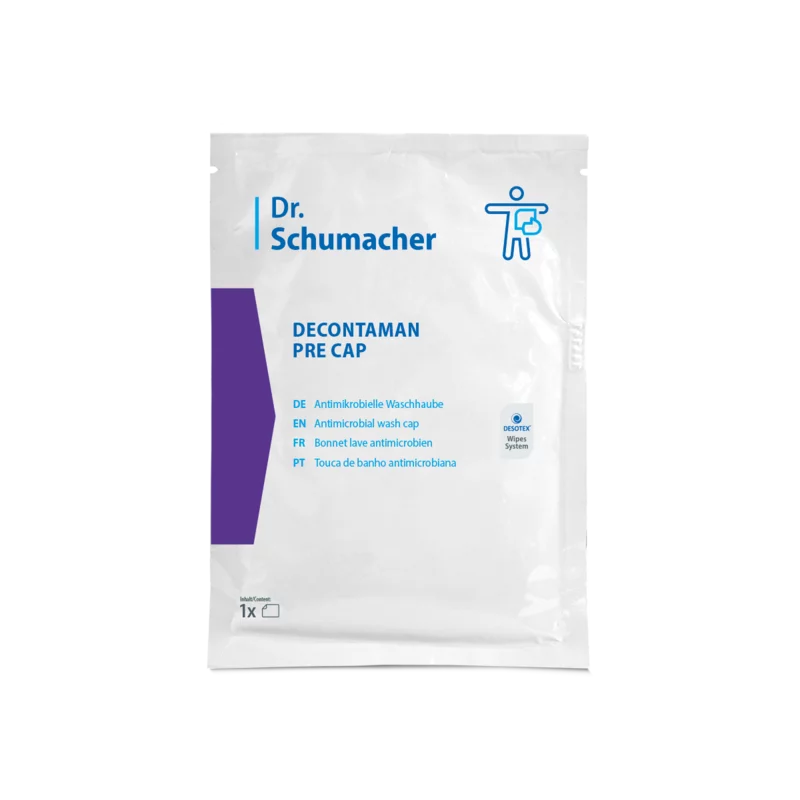 Die Dr. Schumacher Decontaman Pre Cap Waschhaube | Packung (1 Haube) von Dr. Schumacher GmbH kommt in einer weißen Packung mit blau/violetter Schrift und mehrsprachigen Infos - perfekt für die antimikrobielle Reinigung mit der DECONTAMAN CAP Waschhaube.