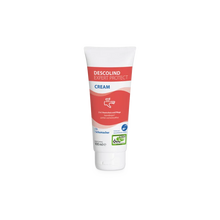 Die 100-ml-Tube Dr. Schumacher Descolind Expert Protect Cream Hautschutzcreme der Dr. Schumacher GmbH steht aufrecht auf weißem Grund mit rot-weißem Etikett - perfekt für den Handschutz bei allergiegefährdeter Haut.