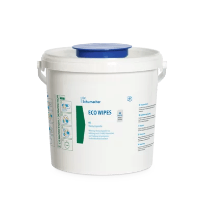 Biały plastikowy pojemnik z niebieską pokrywką i napisem "Dr. Schumacher ECO WIPES EIMER | Zestaw (6 wiader)" firmy Dr. Schumacher GmbH. Na boku znajdują się wskazówki i szczegóły dotyczące tych ekologicznych chusteczek do zrównoważonego czyszczenia.