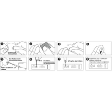 Instrukcja krok po kroku dotycząca użycia zestawu testowego AllTest Vitamin-D Rapid Schnelltest | 1 sztuka od Alltest. Kroki obejmują odkręcenie nakrętki, umieszczenie kwadratowego przedmiotu na palcu, naciśnięcie palca, nałożenie kilku kropli roztworu na pasek testowy i oczekiwanie na wyniki do porównania.