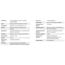 Zdjęcie tabeli specyfikacji dla zestawu Alphacheck CareSens DUAL do pomiaru poziomu cukru we krwi | Opakowanie (1 sztuka) od Berger Med GmbH. Tabela zawiera ważne cechy do samodzielnego pomiaru poziomu cukru we krwi, w tym typy próbek, enzym, objętość próbki, zakresy pomiarowe, jednostki miary, wymiary, wagę, metodę kalibracji, typ paska, pamięć i metody komunikacji.