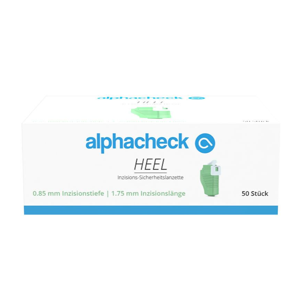 Białe pudełko z nazwą marki „Berger Med GmbH” w zielonym i niebieskim piśmie. Produkt Alphacheck HEEL bezpieczne lancety do nacięć, różne rozmiary, jest określany jako „bezpieczny lancet do nacięć” z informacją o głębokości nacięcia 0,85 mm i długości nacięcia 1,75 mm do kapilarnego pobierania krwi. Pudełko zawiera 50 sztuk.