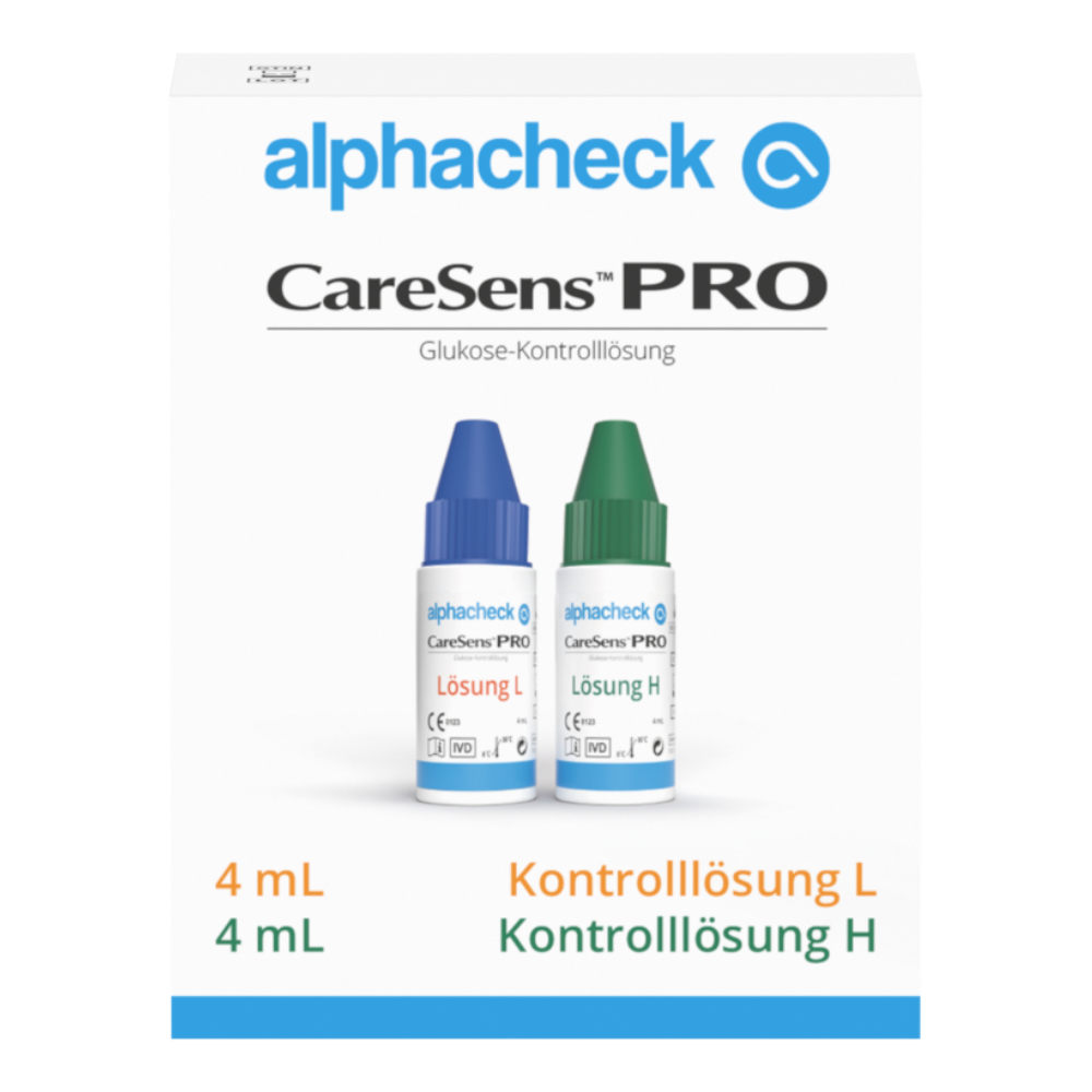 Obraz przedstawia białe pudełko z napisem „Berger Med GmbH Alphacheck CareSens PRO roztwór kontrolny L+H | Opakowanie (2 buteleczki)”, idealne do ćwiczeń pomiarowych z glukometrami. Zawiera dwie małe buteleczki, jedną z niebieską nakrętką z napisem „Lösung L” i drugą z zieloną nakrętką z napisem „Lösung H”, każda o pojemności 4 ml.