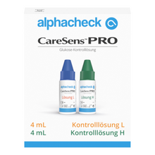 Obraz przedstawia białe pudełko z napisem „Berger Med GmbH Alphacheck CareSens PRO roztwór kontrolny L+H | Opakowanie (2 buteleczki)”, idealne do ćwiczeń pomiarowych z glukometrami. Zawiera dwie małe buteleczki, jedną z niebieską nakrętką z napisem „Lösung L” i drugą z zieloną nakrętką z napisem „Lösung H”, każda o pojemności 4 ml.