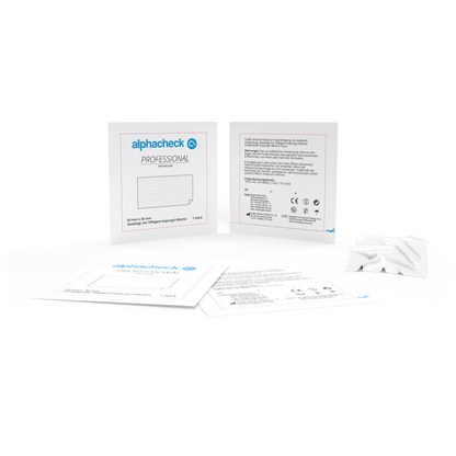 Zdjęcie profesjonalnego opakowania testowego medycznego firmy Berger Med GmbH. Główne opakowanie jest otwarte i pokazuje w środku instrukcje oraz szczegóły produktu. Obok znajduje się dodatkowa ulotka i małe, zapieczętowane białe opakowanie z napisem „Alphacheck Professional Alkoholowe chusteczki 3 x 6 cm | Opakowanie (100 sztuk) do dezynfekcji skóry”.