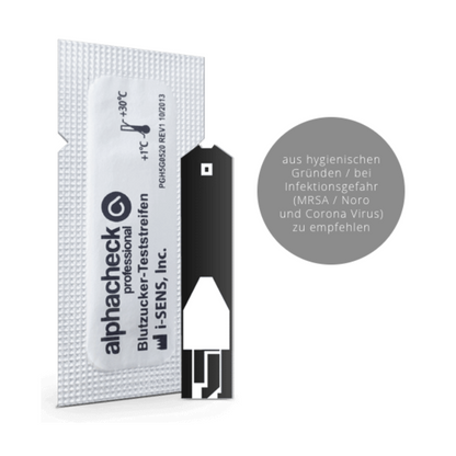 Pasek testowy do pomiaru poziomu cukru we krwi z napisem „Alphacheck professional Blutzuckerteststreifen, geblistert | Opakowanie (50 sztuk)” od Berger Med GmbH jest wystawiony. Pasek testowy do pomiaru poziomu cukru we krwi znajduje się częściowo w ochronnym białym opakowaniu z niemieckim napisem, który zaleca jego użycie ze względów higienicznych i w celu zmniejszenia ryzyka zakażenia (MRSA, Noro i koronawirus).