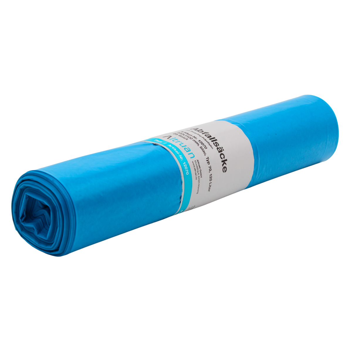 Worek na śmieci Altruan 120 litrów Typ 70, 12070 Premium, niebieski z białą etykietą, z recyklingowego LDPE, izolowany na białym tle.