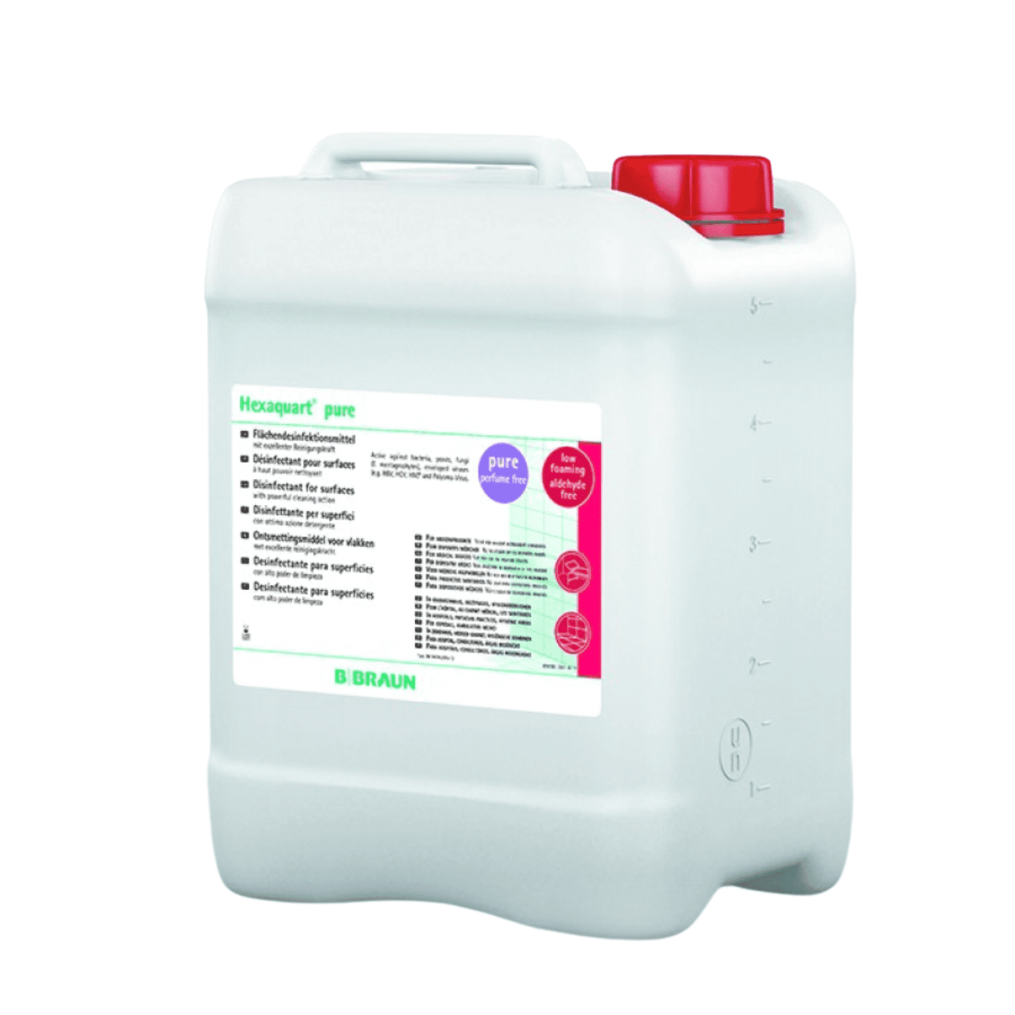 Biały plastikowy pojemnik z napisem „B. Braun Hexaquart® pure dezynfekcja powierzchni – 5 litrów“ posiada czerwoną zakrętkę i oferuje środek dezynfekcyjny do powierzchni bez aldehydów do szybkiej dezynfekcji, gwarantując jakość i skuteczność B. Braun Deutschland GmbH & Co. KG.