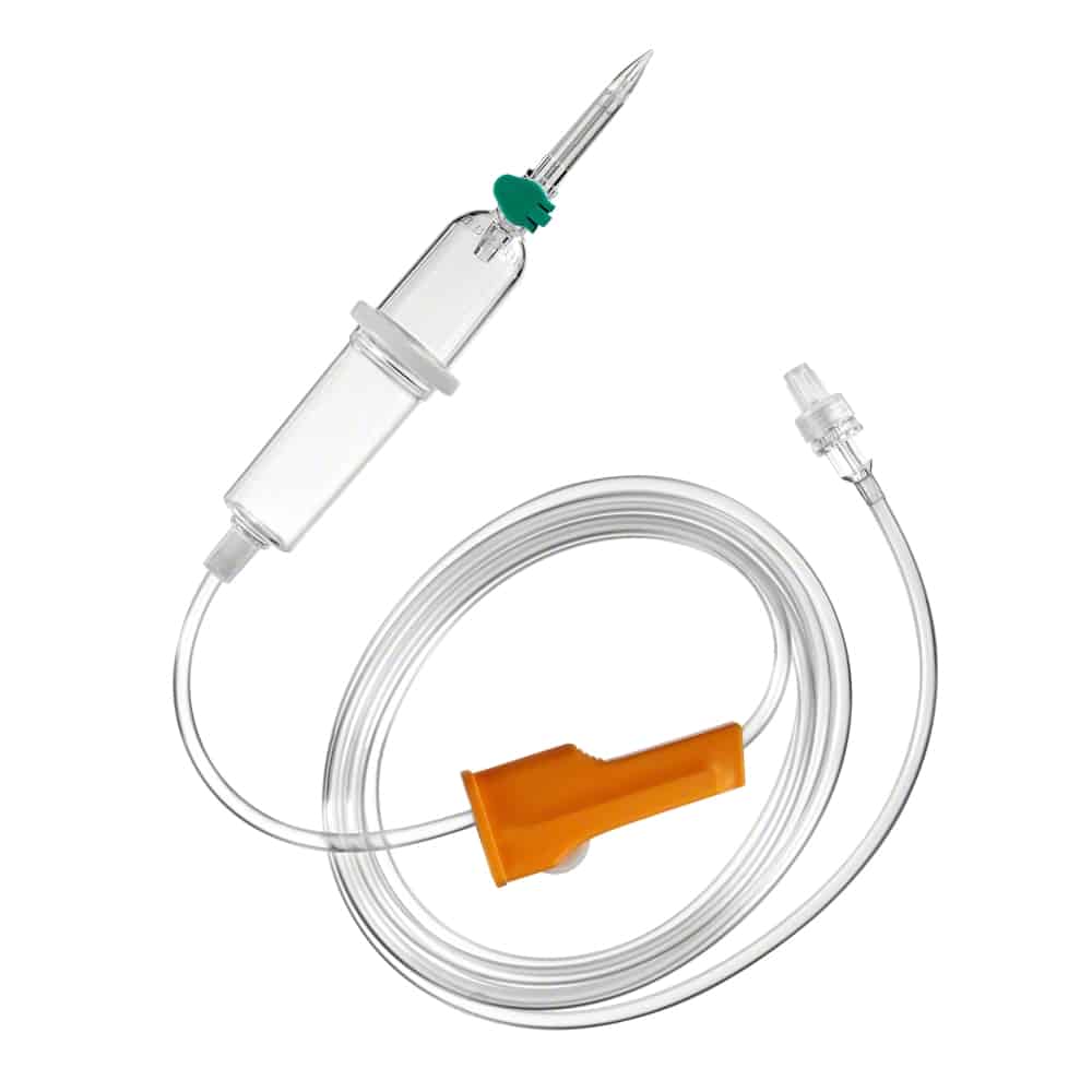 Intrafix® Primeline, Neutrapur 180 cm od B. Braun posiada przezroczystą komorę, kolec i długi przezroczysty wąż od B. Braun Deutschland GmbH & Co. KG. Zawiera pomarańczowy regulator przepływu i złącze, dzięki czemu jest idealny do podawania płynów lub leków dożylnie.